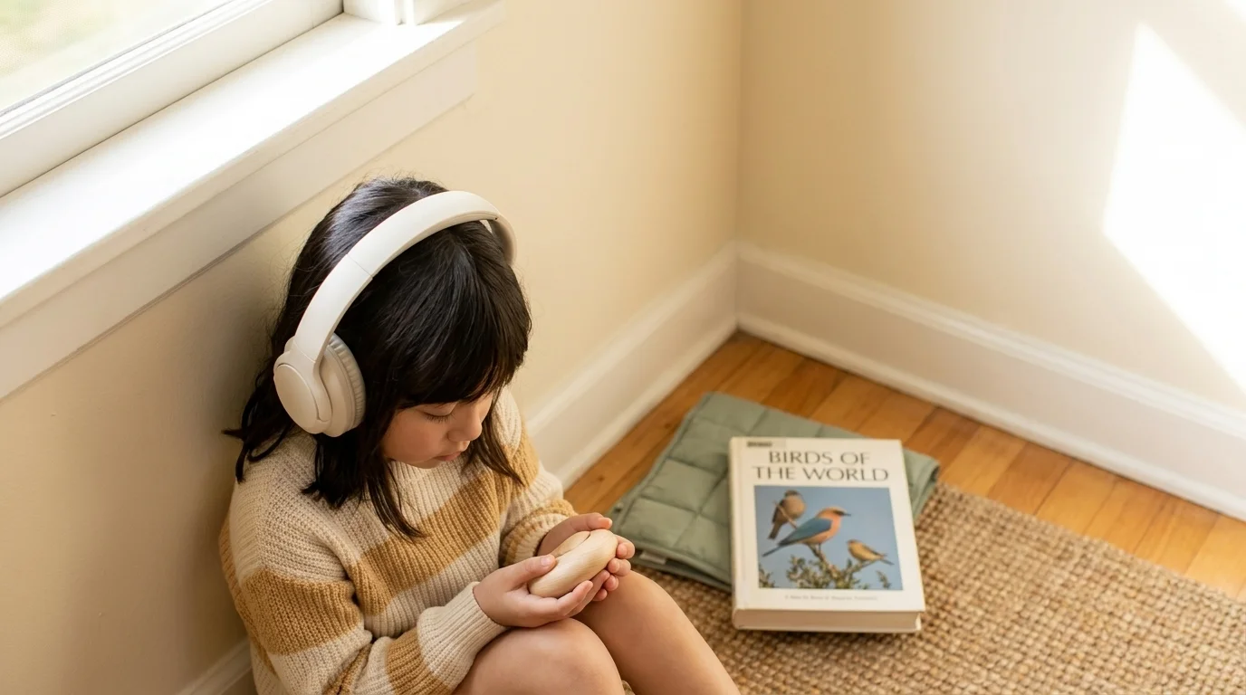 Girl in headphones sits in a quiet corner holding a wood fidget, a weighted lap pad and a bird book on the rug beside her