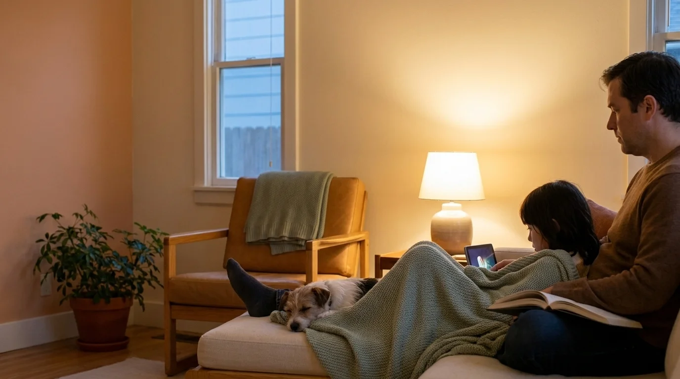 Girl on a sofa under a sage blanket watches a tablet, small dog asleep at her feet, her father reading on the sofa beside her