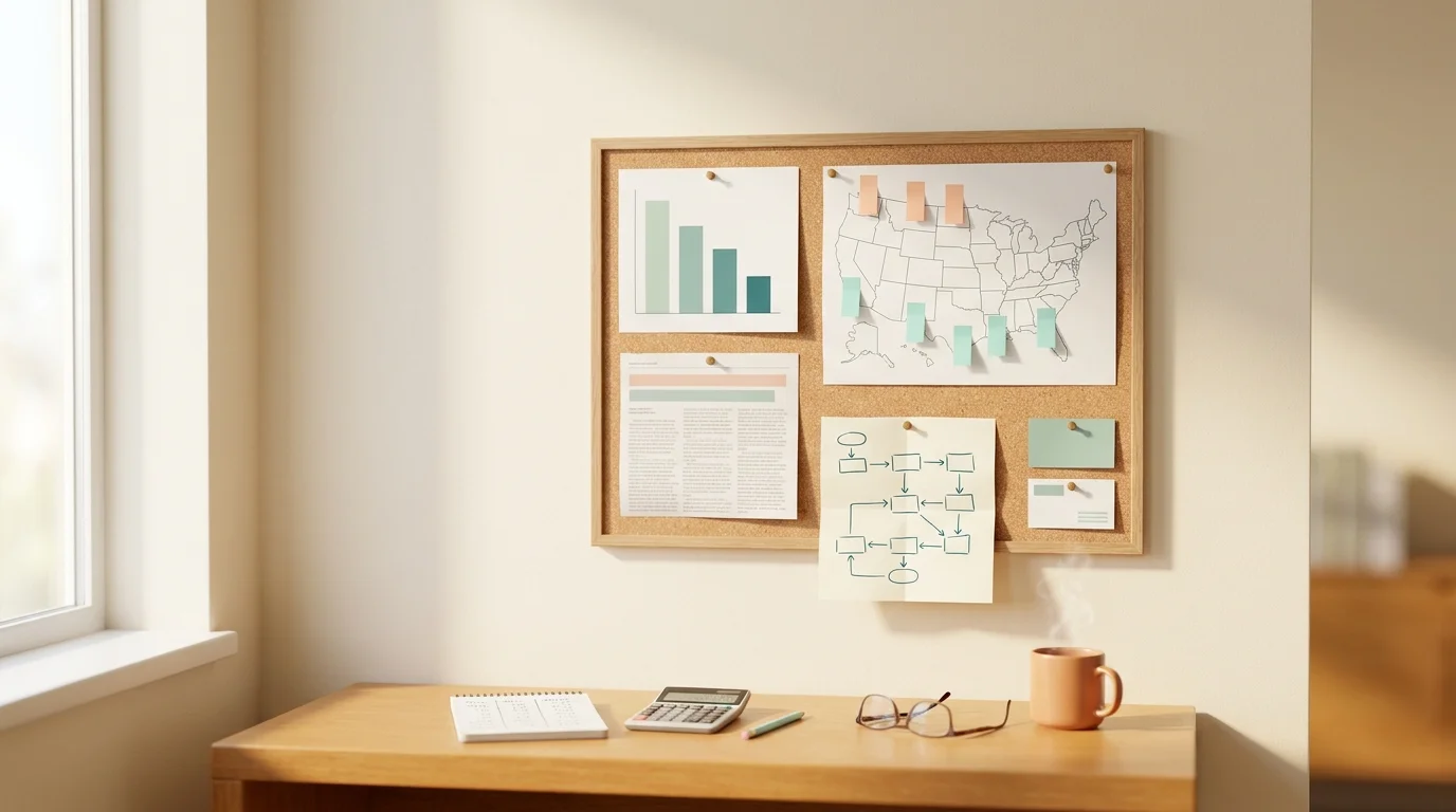 ABA therapy business pinboard with printed charts, US state map with sticky-tabs, and a desk with coffee in window light