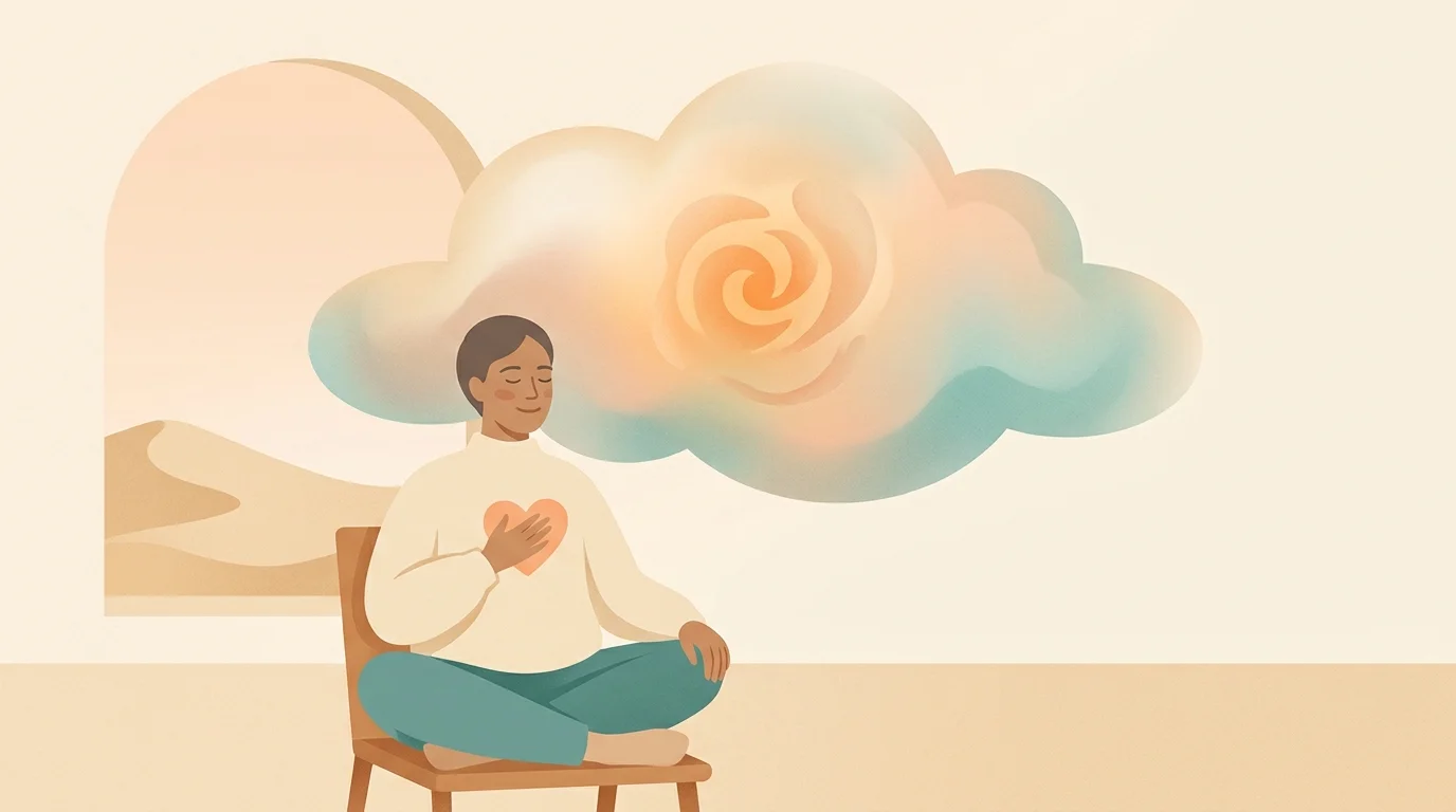 In alexithymia and autism, an adult rests a hand on their chest, a soft cloud above holding a feeling not yet named