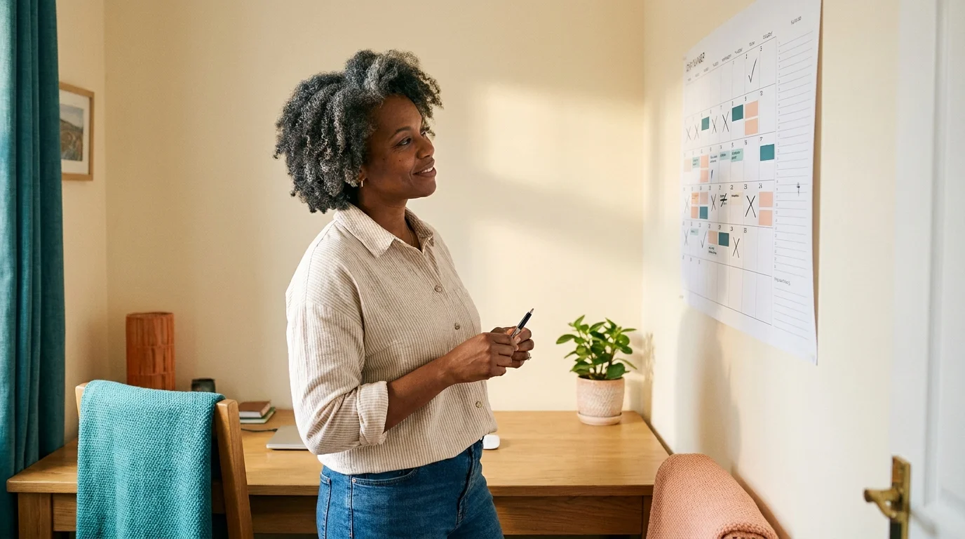 A calm adult reviewing an externalised to-do list at a whiteboard, working with their adult executive functioning