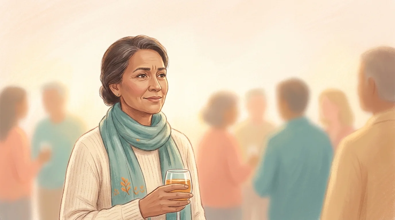 Composed autistic adult woman at an evening gathering, masking the invisible social work behind a calm expression