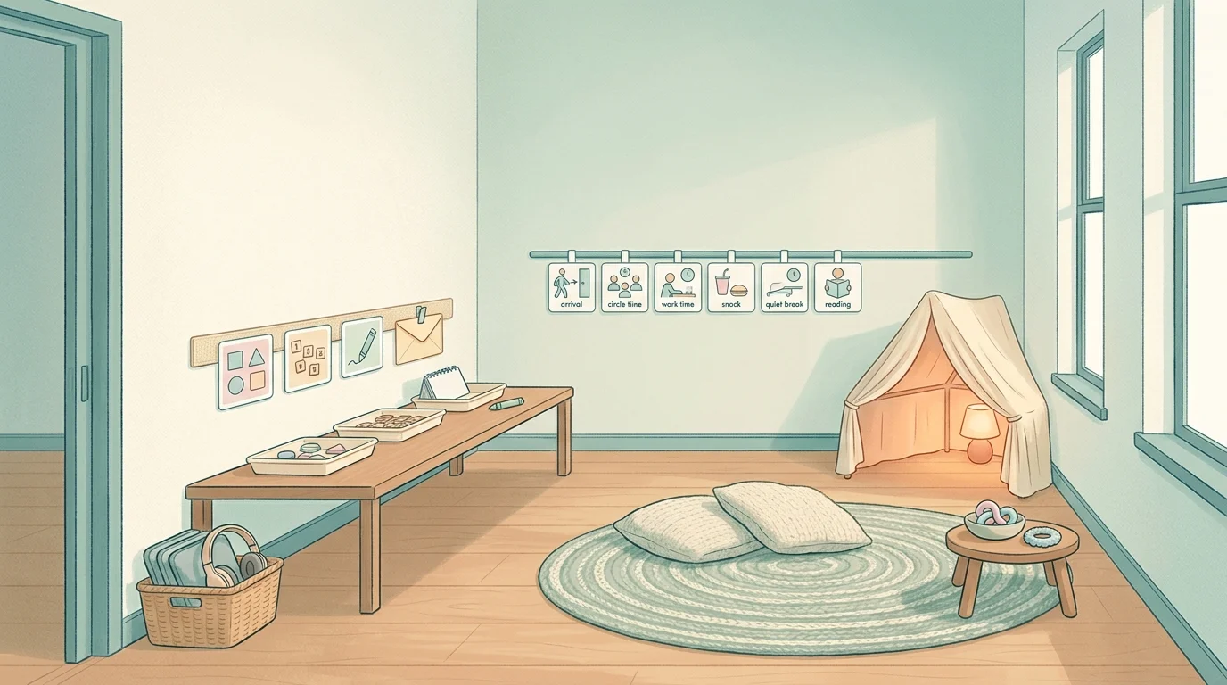 Pastel of an autism-friendly classroom built around autism teaching strategies — work zone, break zone, and calm-down corner