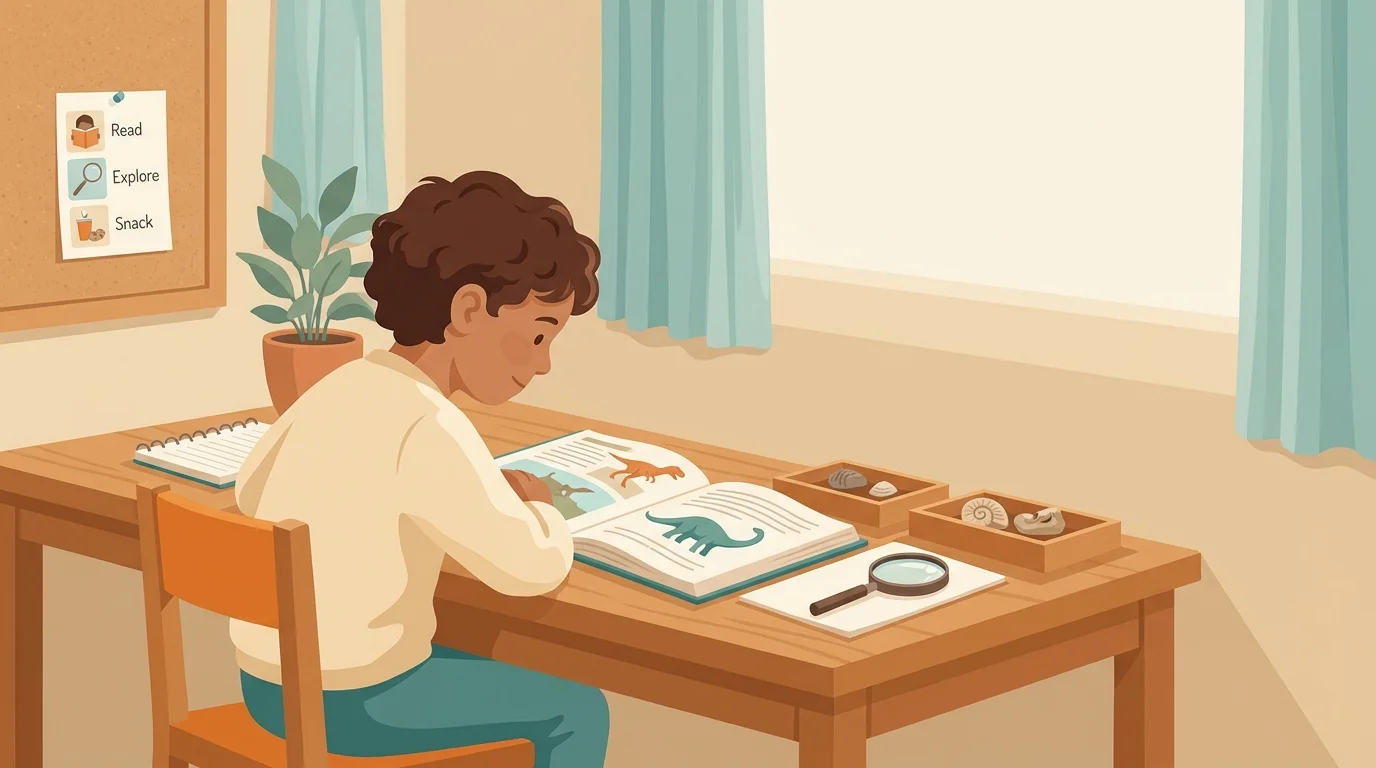 A calm desk where autistic learning difficulties are supported, a child absorbed in a favourite book