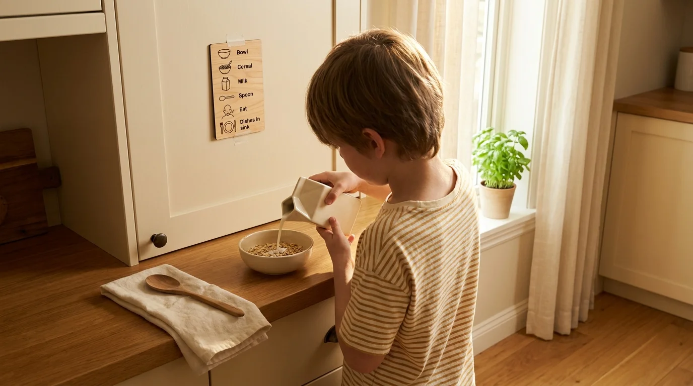 Boy in a striped shirt pours milk into a cereal bowl, a task card on the cabinet showing the breakfast sequence