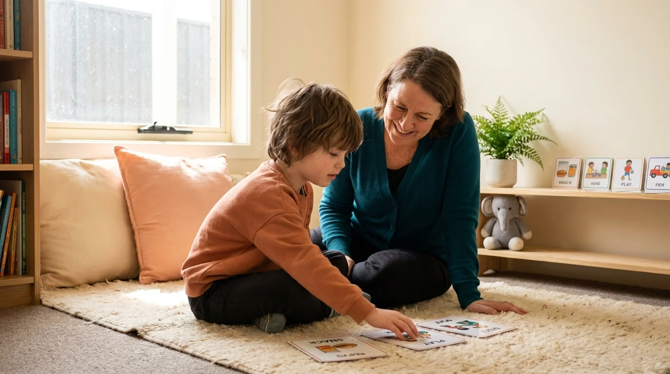 Speech therapy for autistic child on a sunlit rug, therapist leaning in during shared play with picture cards