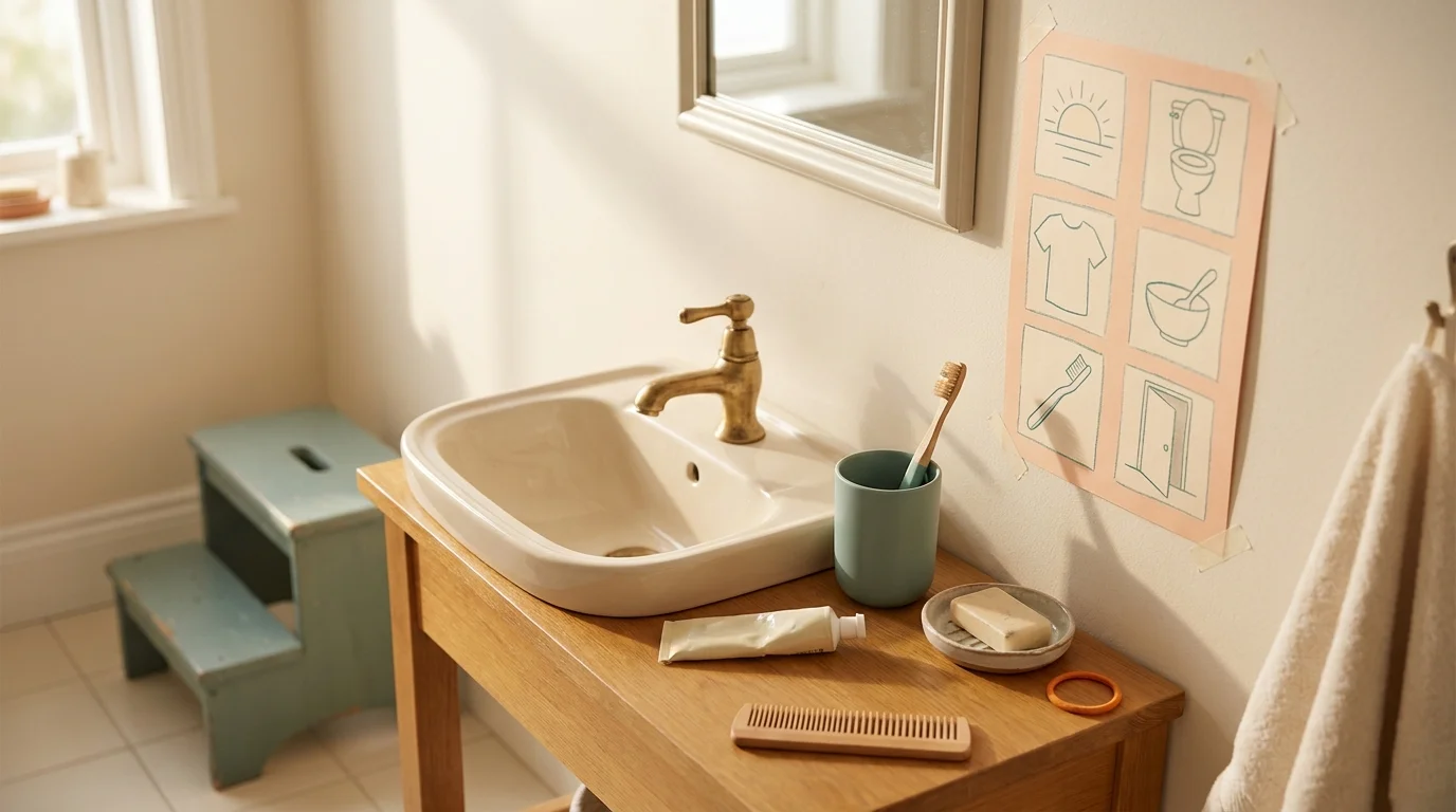 Child's bathroom sink with toothbrush in a cup, a printed morning visual checklist by the mirror, and a small step stool
