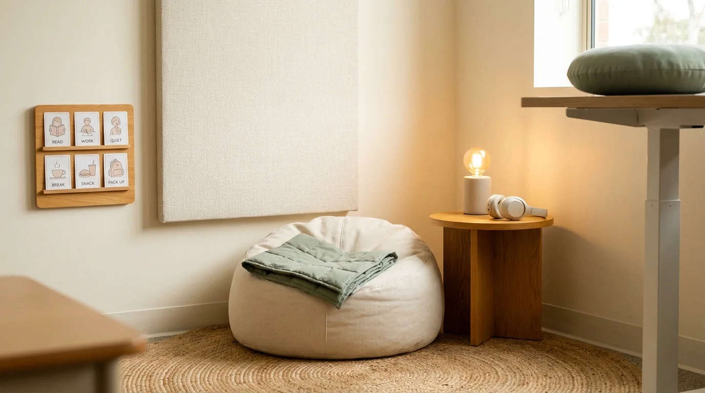 Calm corner with cream beanbag, sage weighted blanket, acoustic panel, warm lamp and a six-card schedule