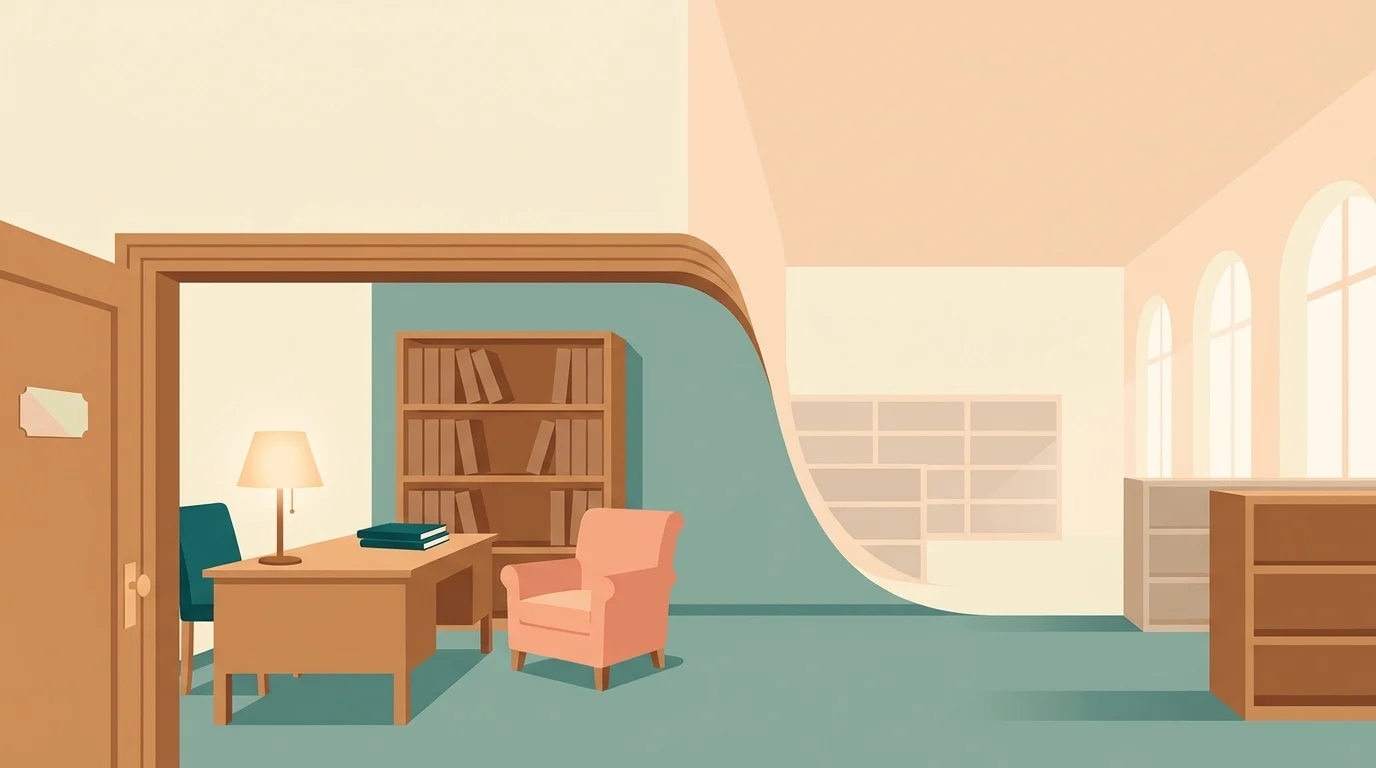 Editorial illustration of asperger vs autistic as a records room folding into a larger hall with its name-plate removed