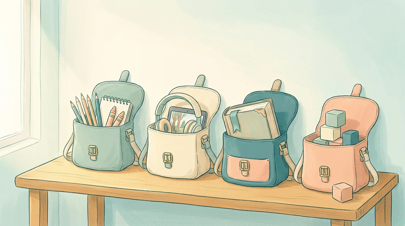 Pastel of four school satchels in a row on a wooden bench, each open with different contents, a quiet neurodiversity still life