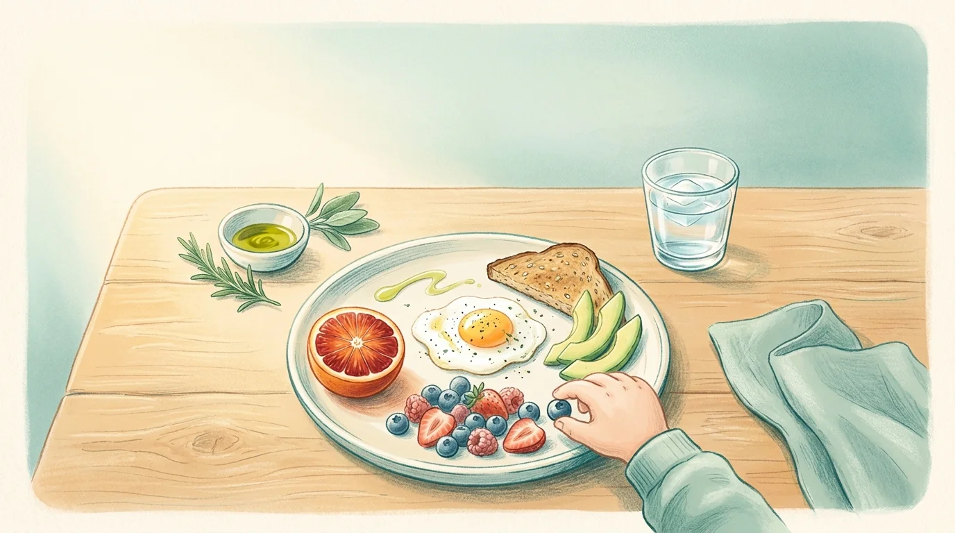 Pastel of a Mediterranean breakfast plate built for autism nutrition, a small hand reaching for berries in morning light
