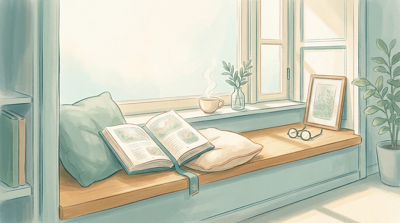 Pastel of a windowsill reading nook with an open autism spectrum disorder book on cushions and a teacup in morning light