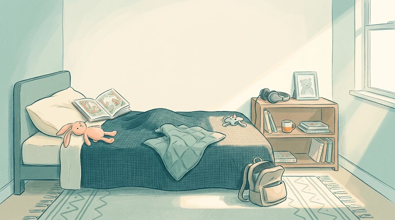 Pastel of a quiet child's bedroom after an autistic meltdown — rumpled coverlet, headphones, an open book, afternoon light