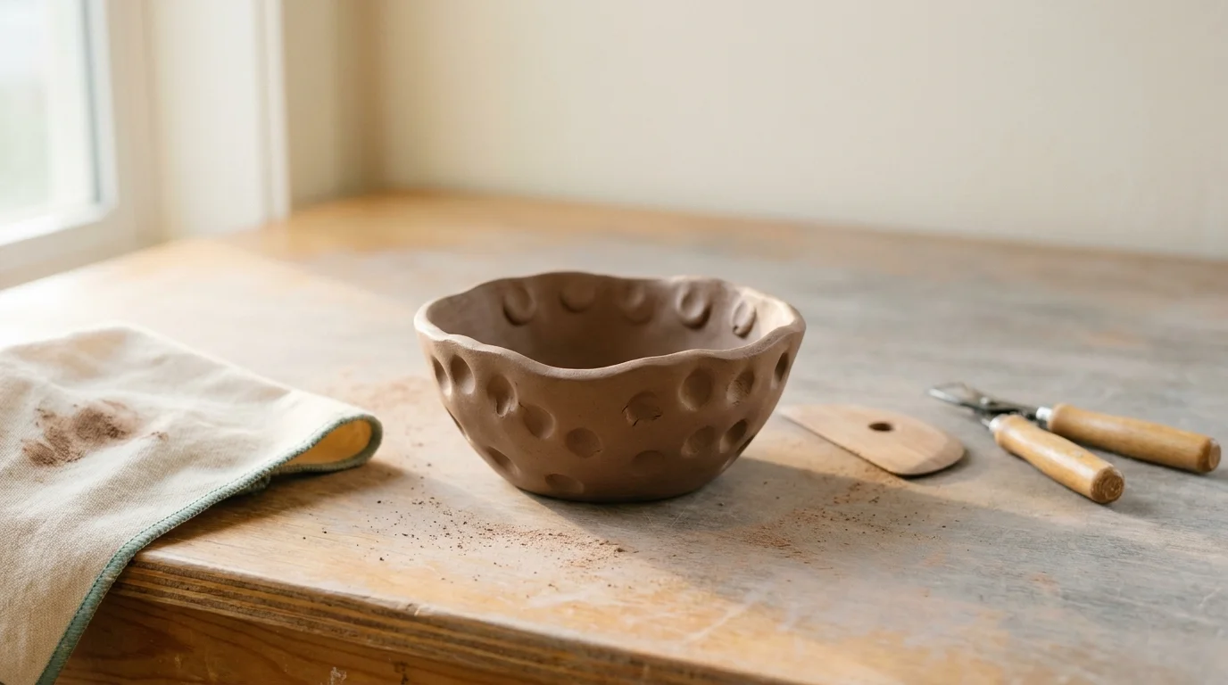 Small hand-built clay bowl with visible thumb-marks on a grey-worn wedging table in a creative arts therapy studio