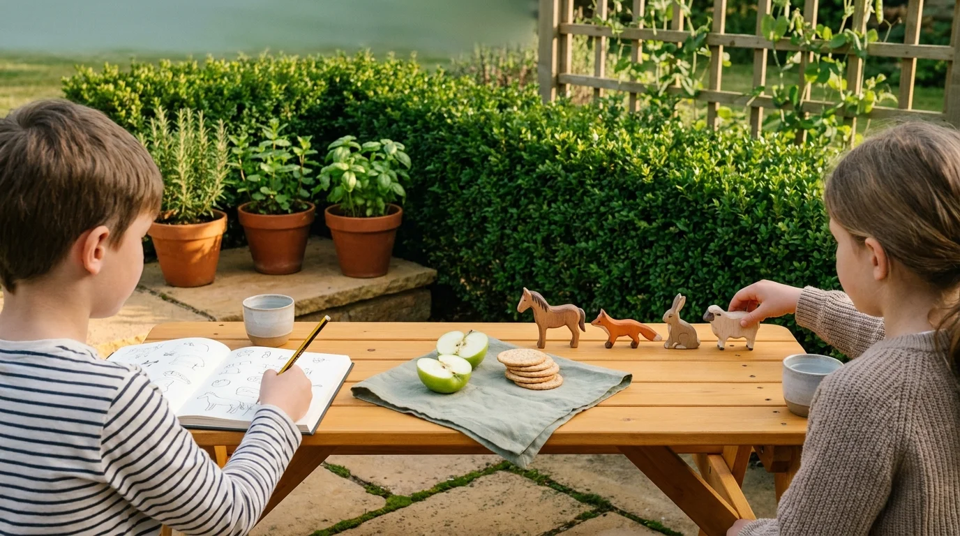 Two children at a wood garden picnic table — one drawing in a sketchbook, the other arranging carved wooden animals in a row
