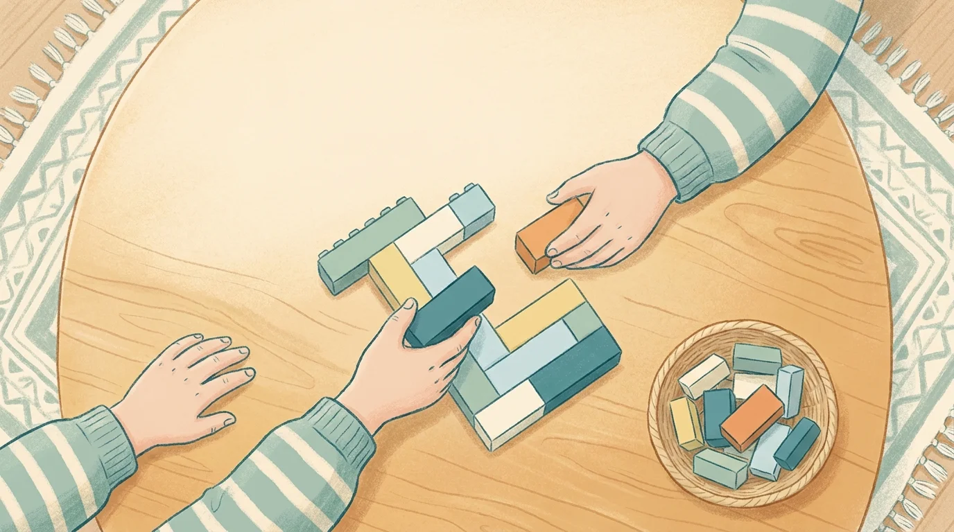 Two children share pastel building bricks at a low wood table during social skills training autism work in soft daylight