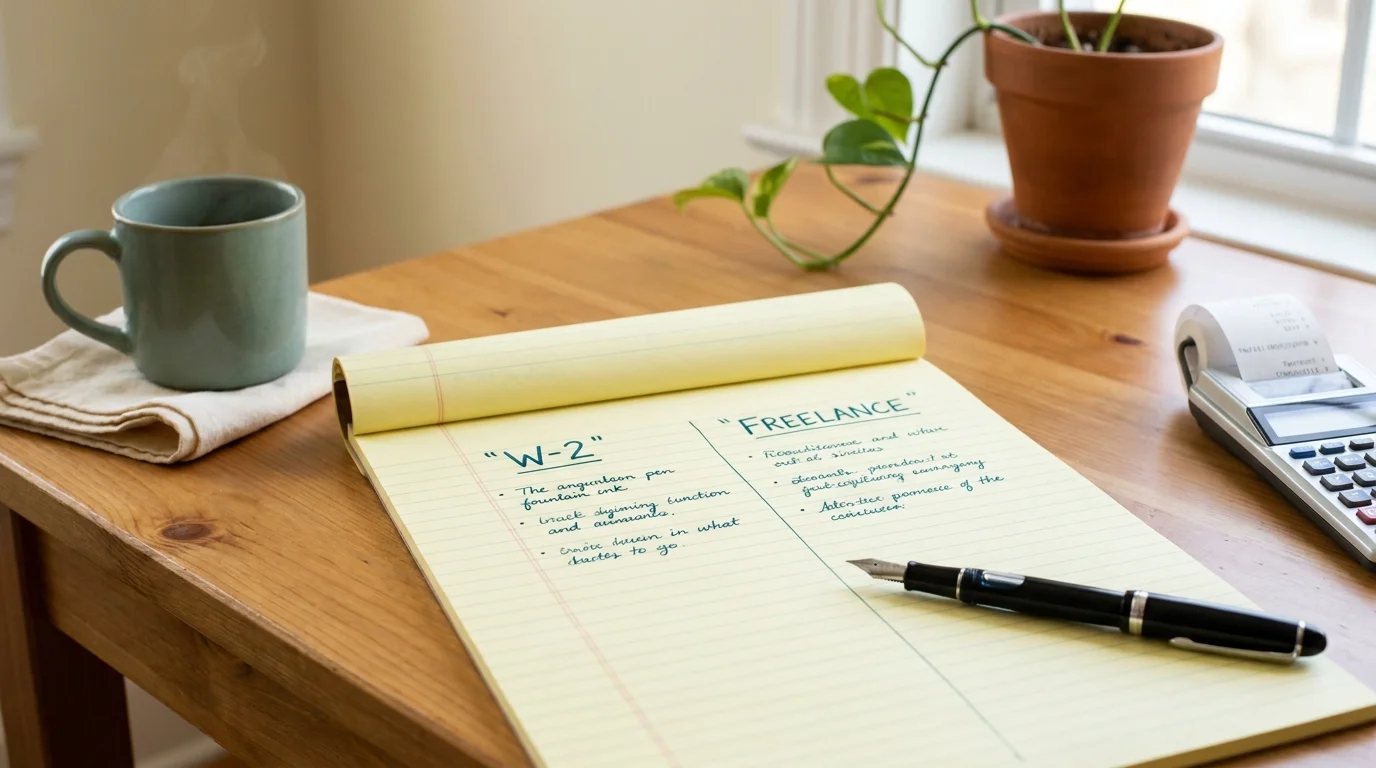 Yellow legal pad weighing W-2 vs freelance jobs for autistic adults, with calculator and fountain pen on a honey-wood desk