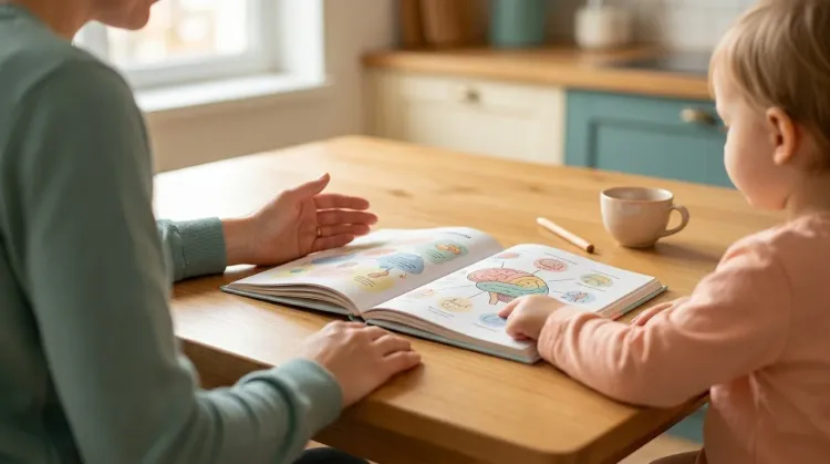 Parent and child seated together at a small kitchen table with a coloured open book between them in soft afternoon daylight