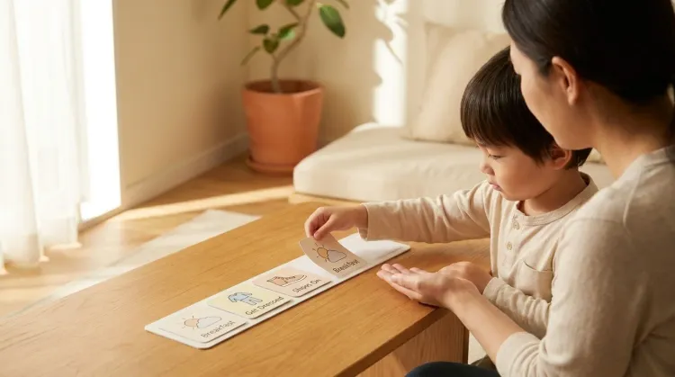 Mother kneels beside a young boy at a low table while he reaches to move a card on a horizontal visual schedule