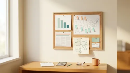 ABA therapy business pinboard with printed charts, US state map with sticky-tabs, and a desk with coffee in window light