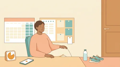 A capable adult running the everyday systems of ADHD treatment for adults — wall calendar, visual timer and movement cues