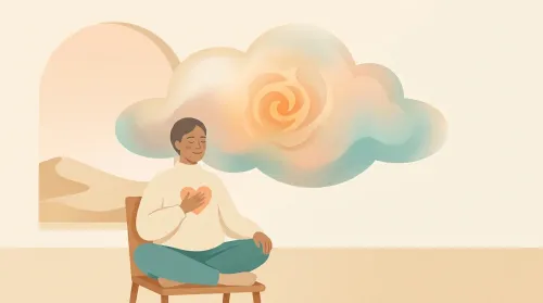 In alexithymia and autism, an adult rests a hand on their chest, a soft cloud above holding a feeling not yet named