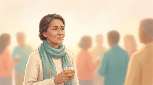 Composed autistic adult woman at an evening gathering, masking the invisible social work behind a calm expression