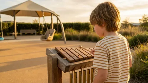 Inclusive play for autistic children: a child at an outdoor playground music-and-sensory zone — where 36% of inclusive play interactions occur