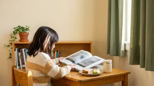 What autism feels like: an autistic eight-year-old absorbed in a bird book about starling murmurations in a quiet sunlit library corner