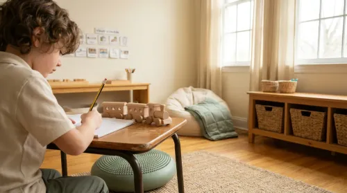 Autistic student absorbed in classroom work at a flexible-seating desk with a visual schedule visible behind — autism in the classroom