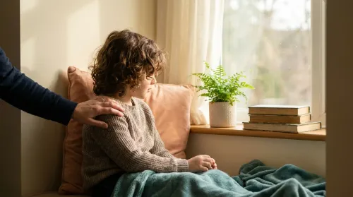 A calm child settled in a sunlit home nook, a parent's reassuring hand on their shoulder during pediatric OCD treatment