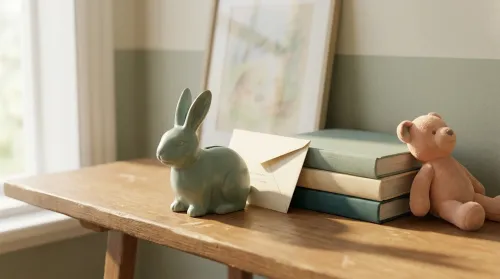 Child's bedroom shelf with a sage-teal rabbit-shaped savings bank, picture books, a letter, and a plush bear in afternoon light