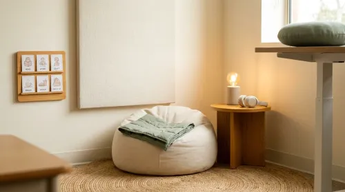 Sensory friendly classroom architectural detail: calm corner with floor lamp, fabric acoustic panel, visual schedule and cream beanbag