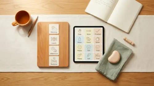 Kitchen-table flat-lay: wood schedule board, tablet AAC grid, sage cloth with wood fidget, notebook and a warm-orange mug