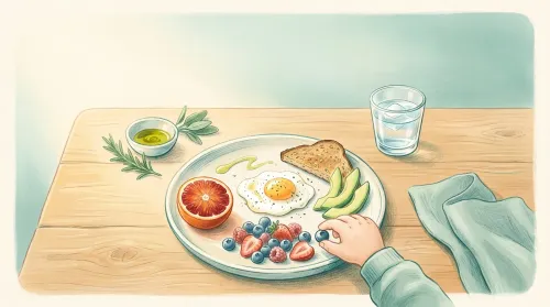 Pastel of a Mediterranean breakfast plate built for autism nutrition, a small hand reaching for berries in morning light