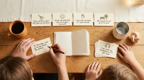 Overhead kitchen-table view of a parent's and child's hands writing handmade social-story cards for an upcoming dentist visit