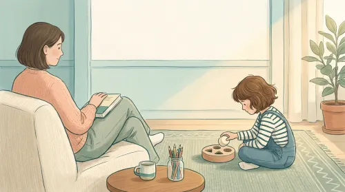 Pastel illustration of autism strengths in practice as a parent watches their child play with a wooden shape sorter