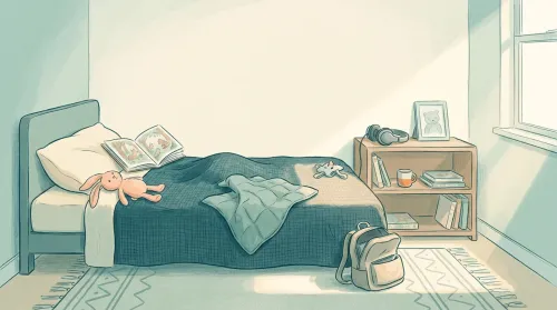 Pastel of a quiet child's bedroom after an autistic meltdown — rumpled coverlet, headphones, an open book, afternoon light