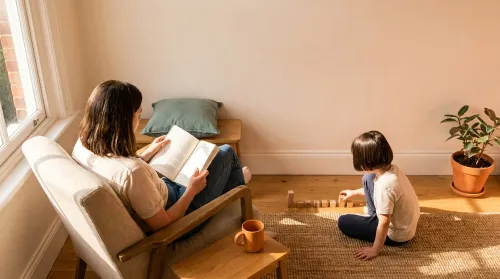 Quiet co-presence in autism parenting: parent reads while autistic child arranges wooden blocks in a sunlit living room