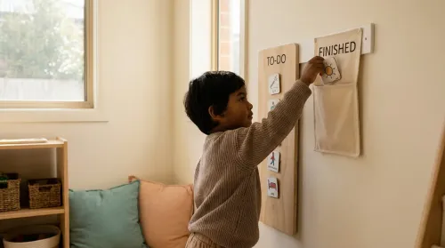 A student moving a card on a wall visual schedule for students with autism, running their own morning