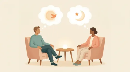 In theory of mind and autism, two adults converse as equals with different but equally valid thought-bubbles