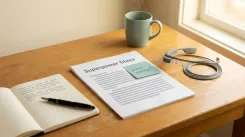 AI for autism research bench with a peer-reviewed paper, a 'press release?' sticky note, head-mounted eyewear, and a notebook